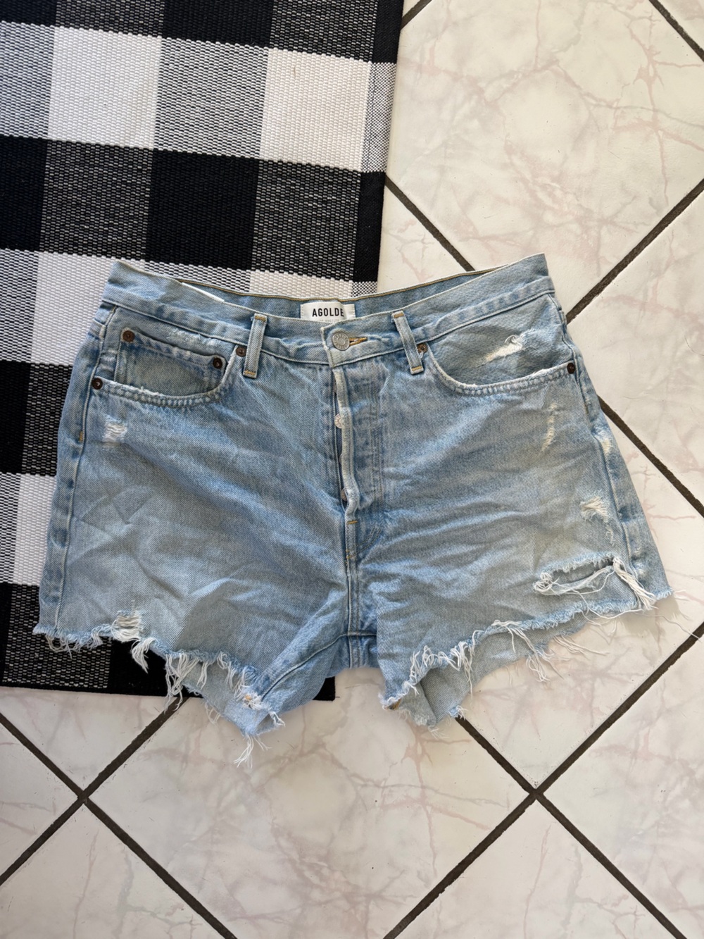 Agolde Light Wash Distressed High-Rise Denim Shorts